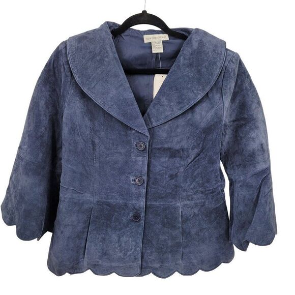 Vintage Suede Leather Scalloped Bell Cropped Blazer Jacket 12 Blue Shawl Peplum - Picture 11 of 11